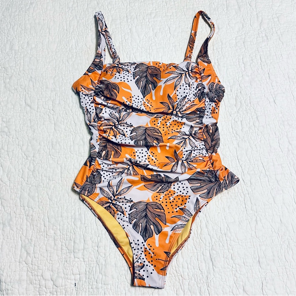 Unbranded 1 Piece Orange Brown White Tropical Print Swimsuit Sz Large Beach Pool